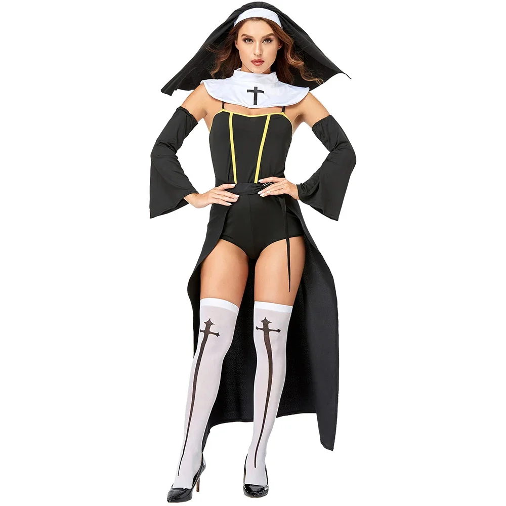 Donne chiesa religiosa sorella cattiva abitudine Costume da suora Sexy adulto Halloween Party Cosplay uniforme Fancy Black Dress