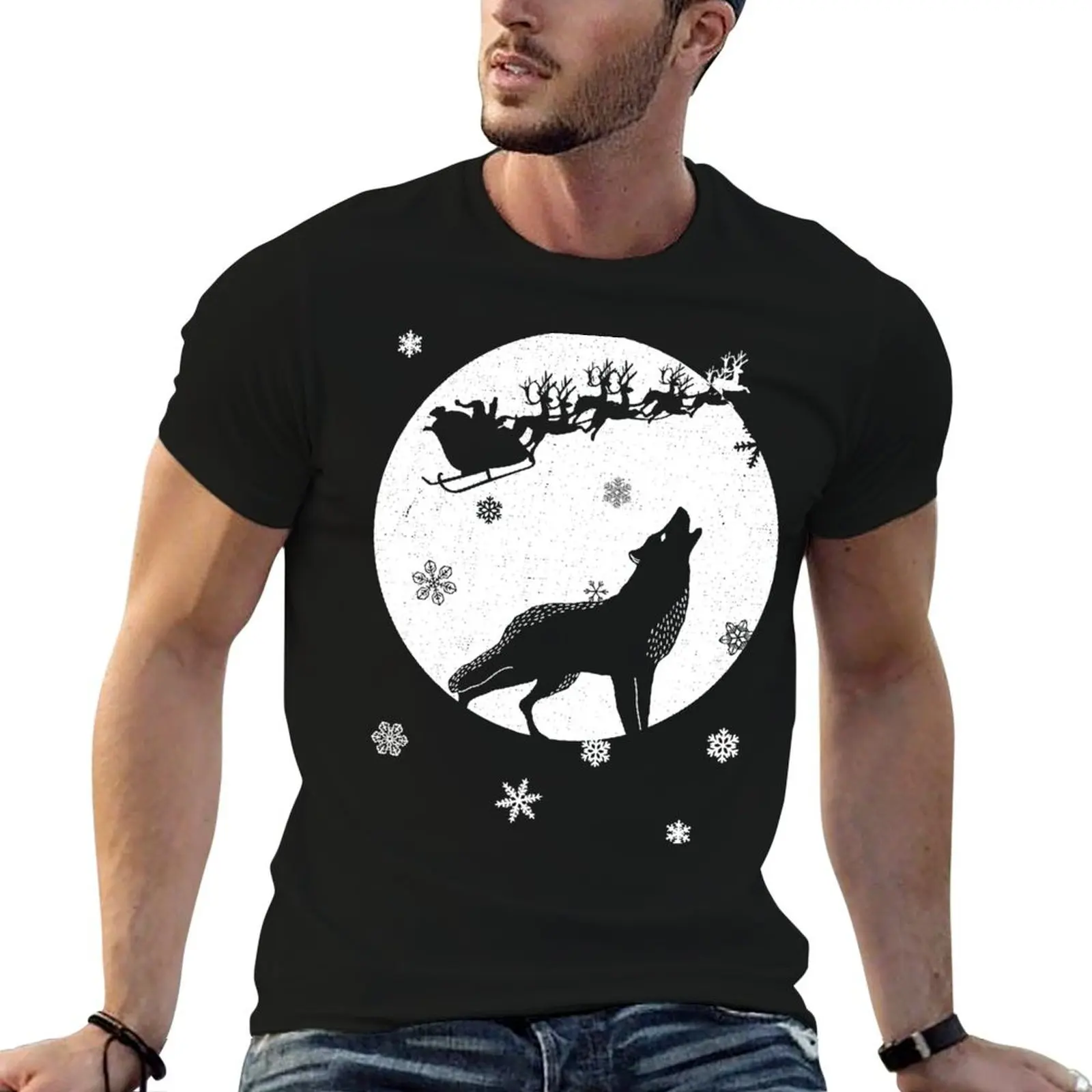Christmas Wolf Moon Santa Deer and Snowflakes Gift - Wolf T-Shirt Basic Simple Design Short Sleeve Shirt