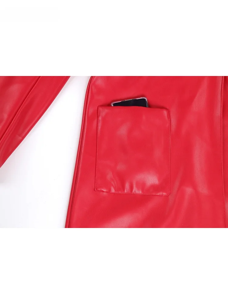 Nerazzurri Autumn PU Leather Coat Women's Sle Belted Slimming Red Outerwear Long Windbreaker Fem Faion Commute Windbre...