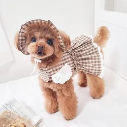 Pet Plaid Traction Set Clothing Dress with Hat Plaid Princess Birthday Walking Dog Going Out for Photos Harness and Leash Set