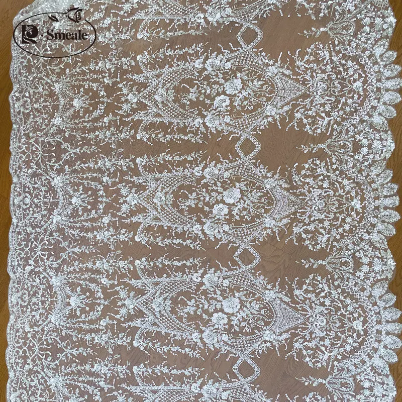 3D Lace Fabric off white Beaded Sequin Wedding Dress Advanced Custom-made Sewing Fabric