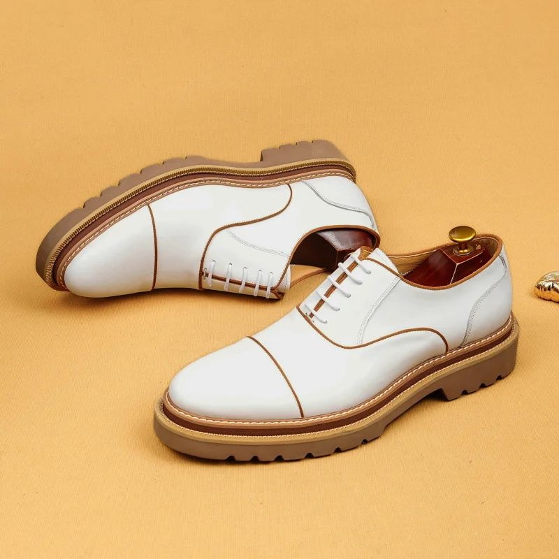Men's White Cap Toe Oxford Shoes Genuine Leather Thick Sole Dress Business Formal Lace-Up Casual Platform Oxfords Men