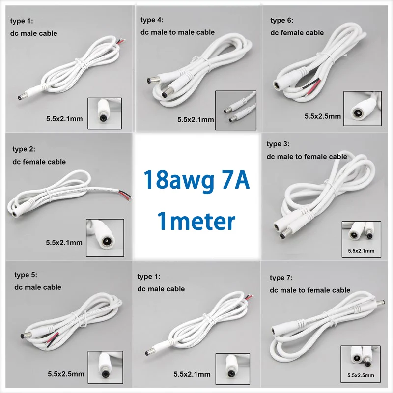 white 1m 18awg 7A DC Male Female Power Supply Connector extension Cable 5.5x2.1mm 5.5x2.5mm Copper Wire For LED Strip light