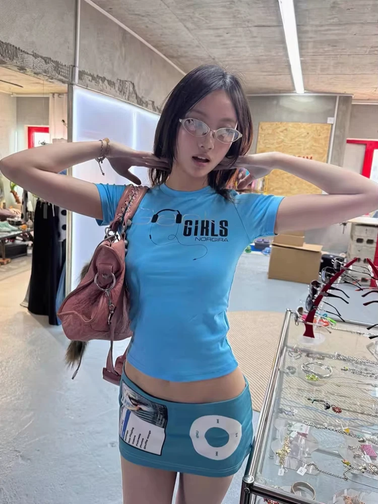 Trendy Y2k Blue Headset Letter Print Women's Short Sleeve T-shirt Vintage 2000s Style American Retro Fashion Casual Daily Tops