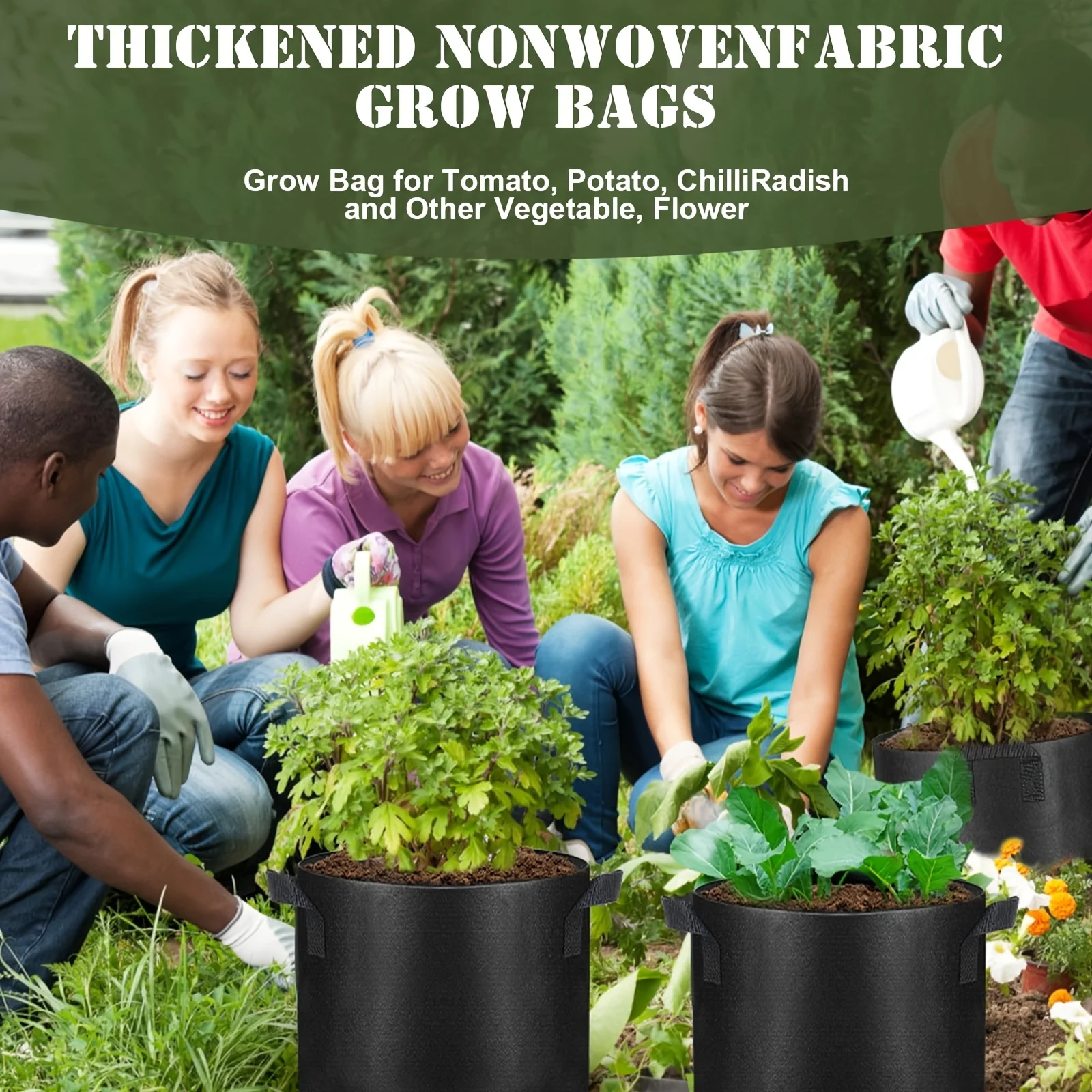 5-Pack Grow Bags/Aeration Fabric Pots with Handles(Available Capacities: 3 Gallon，4 Gallon, 5 Gallon, 7 Gallon, 30 Gallon)