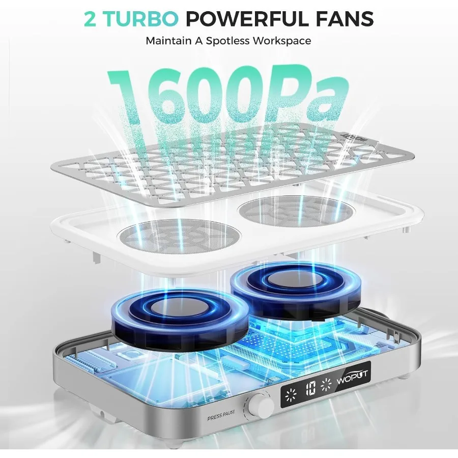 Coletor de pó profissional para unhas, 1600pa, portátil, 10 velocidades, papéis de filtro descartáveis, 30 peças, branco fosco, moderno, leve