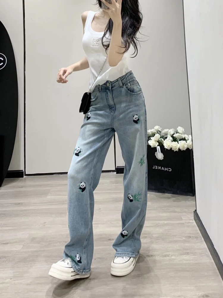 

Женские джинсы больших размеров с высокой талией, вышивкой панды, свободного кроя, в корейском стиле, повседневные, из смесового хлопка, летние