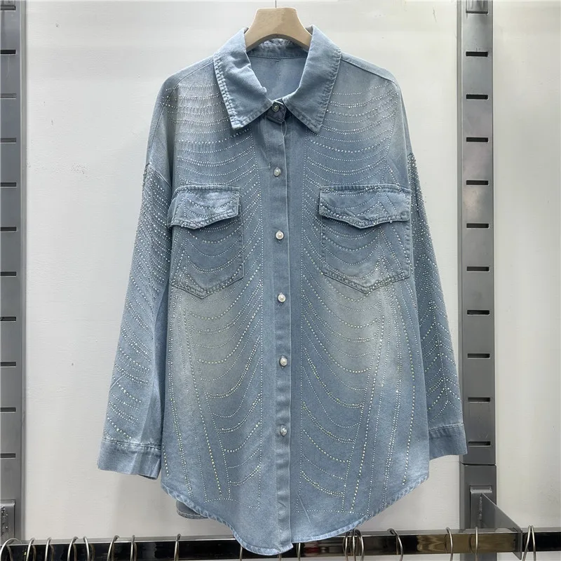 

SuperAen Europe and America Style Diamond Blue Denim Jacket and Shirt Women's 2025 Spring and Autumn New Loose High Street Coats
