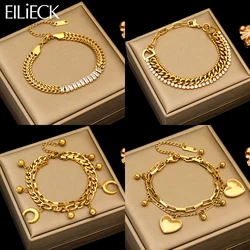 EILIECK 316L Acero inoxidable Color dorado corazón Luna encanto pulsera para Mujeres Hombres moda regalo de vacaciones muñeca cadena brazaletes joyería