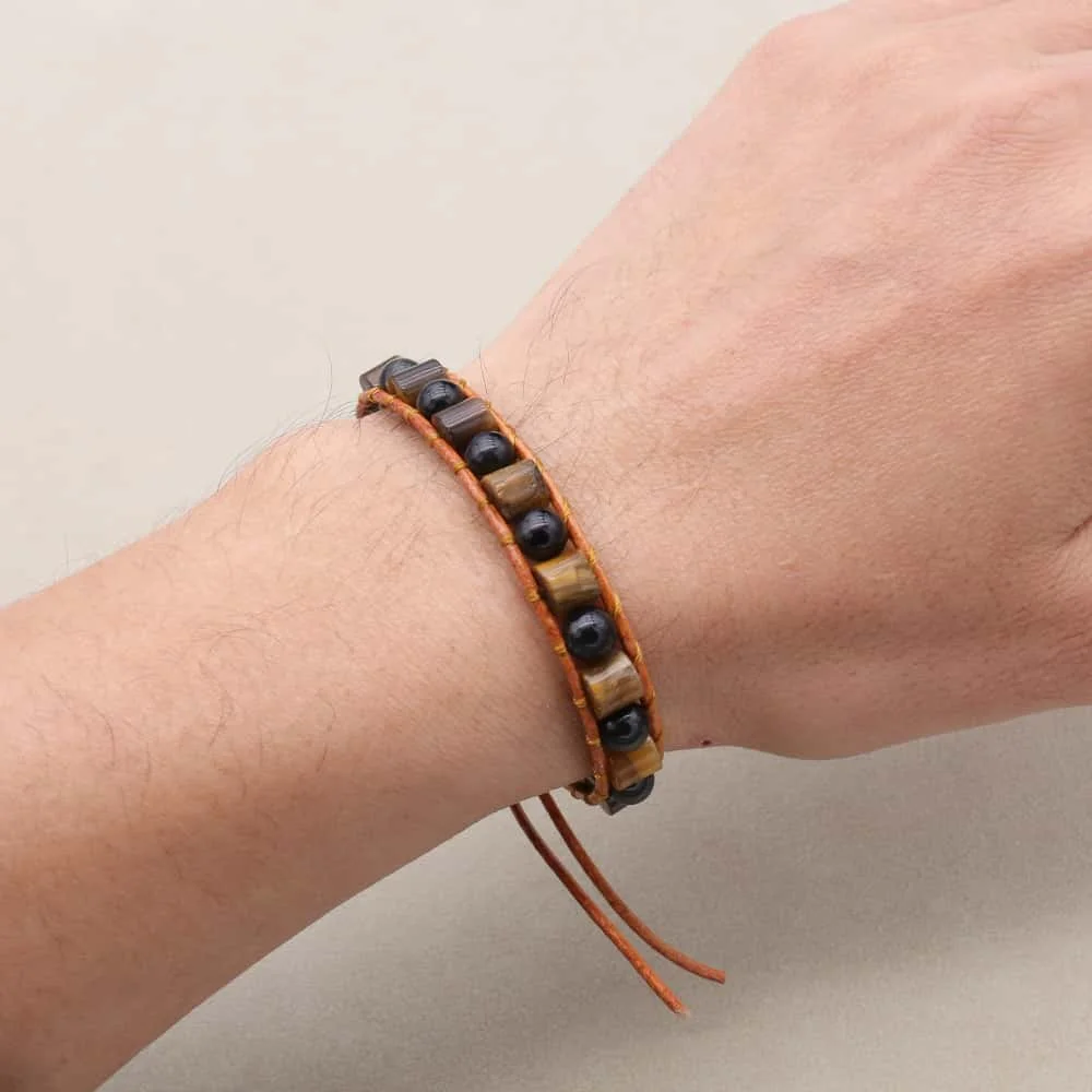 Unisex Tiger's Eye & Obsidian Leather Bracelet Courage Protection Handmade Woven Jewelry Gifts