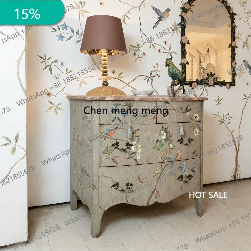 M132 American retro flower and bird hand-painted solid wood porch cabinet European storage decorative cabinet bedside table