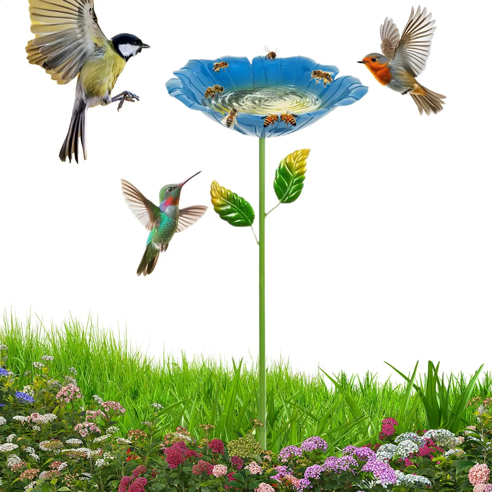 Bee Bath Flower Shape Bird Bath Outdoor Stake Outside Butterfly Drinking Station For Patio Backyard Porch Yard Lawn Flower Bed