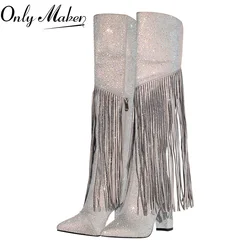 Onlymaker kobiety Fringe Rhinestone kowbojki z dalekiego zachodu kowbojka spiczasty palec u nogi wysoki obcas duży rozmiaru zamek błyskawiczny buty do kolan