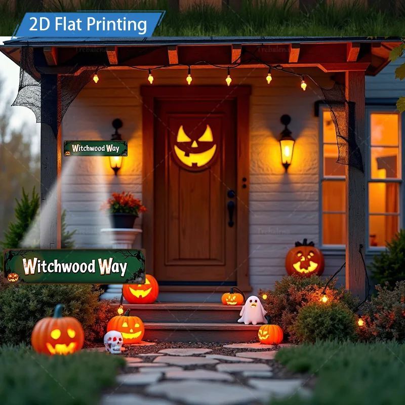 1 قطعة 8x12 بوصة علامة معدنية هالوين Witchwood طريقة تسجيل مع اليقطين الخفافيش ديكور ل ديكور المنزل احتفالي #2