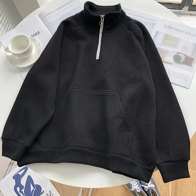 Turtleneck Hoodies Women Waffle Kangaroo Pocket Loose Street Wear Solid Schoolgirls Korean-style Trendy Plus Velvet Pullover New