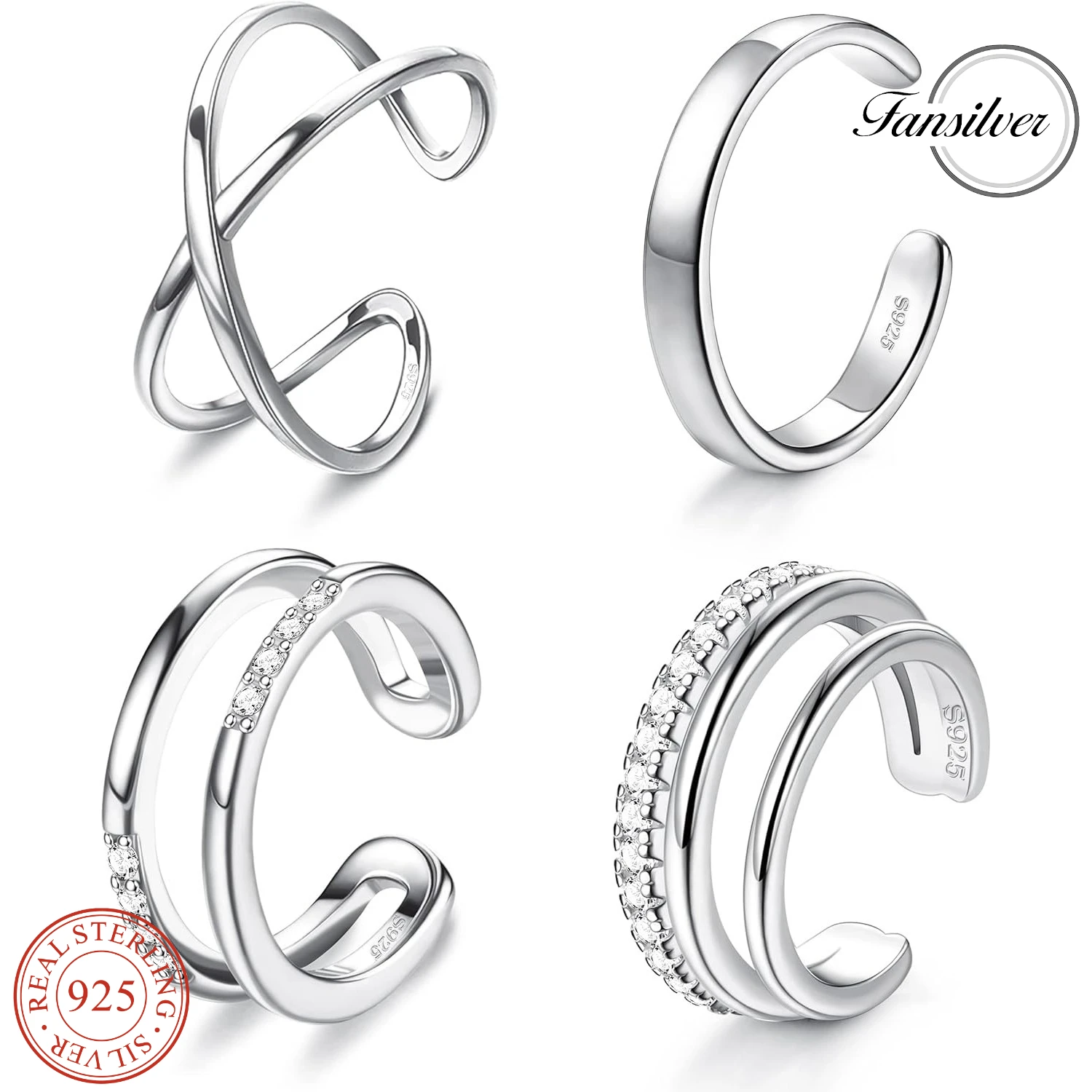 

Fansilver 4Pcs 925 Sterling Silver Ear Cuff for Women Non Piercing Adjustable Ear Cuff Earrings Clip On Cartilage Jewelry Set