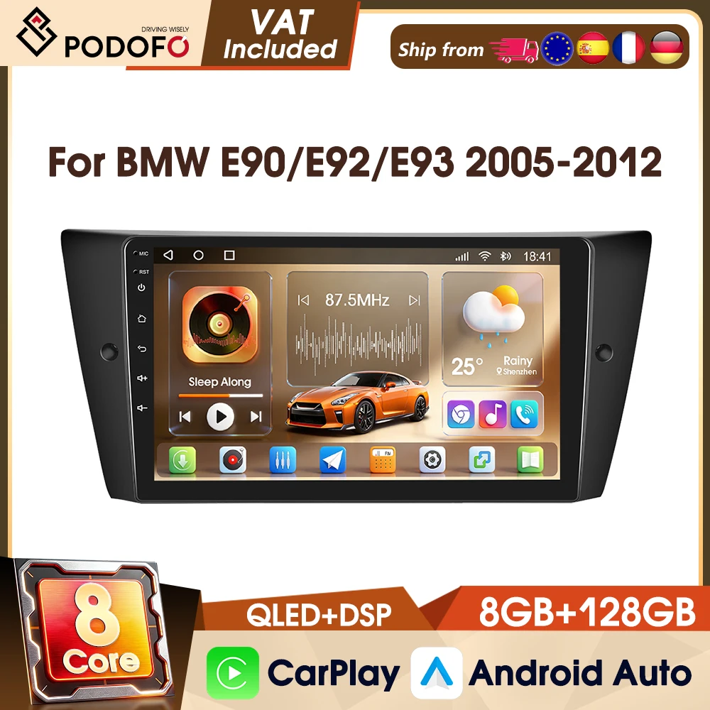 Podofo 9" Android 4G 8-Core 8+128G 2 Din Autoradio für BMW E90/E92/E93 2005-2012, Auto-Audio, GPS-Navigation, WIFI, FM, RDS, IPS-Bildschirm, kabelloses CarPlay, Autoradio