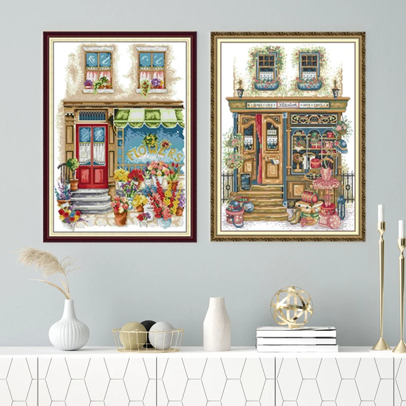 Joy Sunday Clothing Flower Store Patterns Counted Cross Stitch Kits DIY 16/14CT Stamped Embroidery Needlework Sets Home Decor