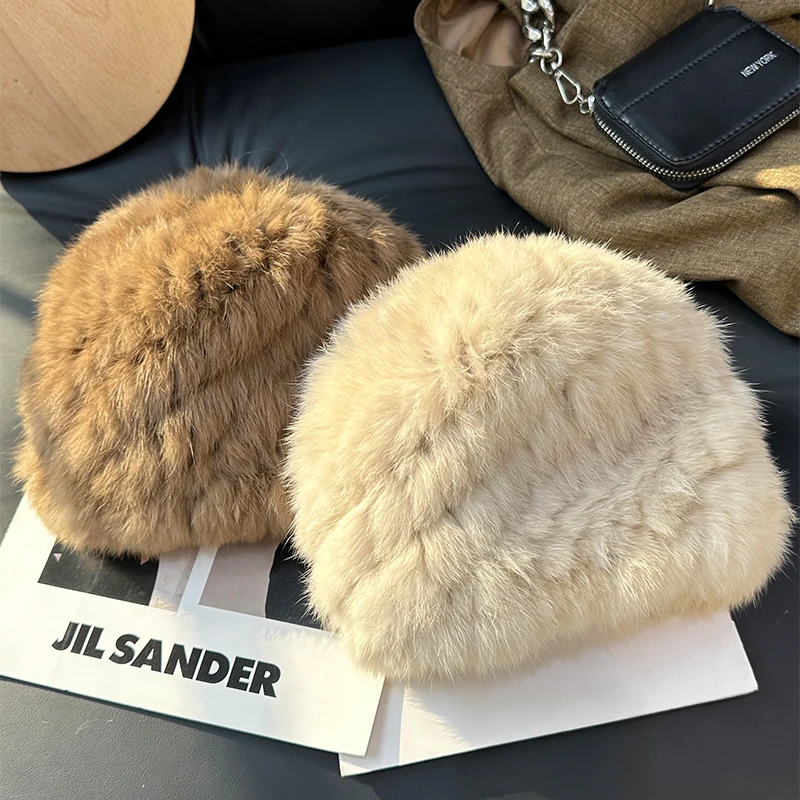 2024 New Fashion Russian Women Knitted Real Rabbit Fur Bomber Hats Winter Lady Warm Fluffy Rabbit Fur Hat Good Elastic Fur Caps