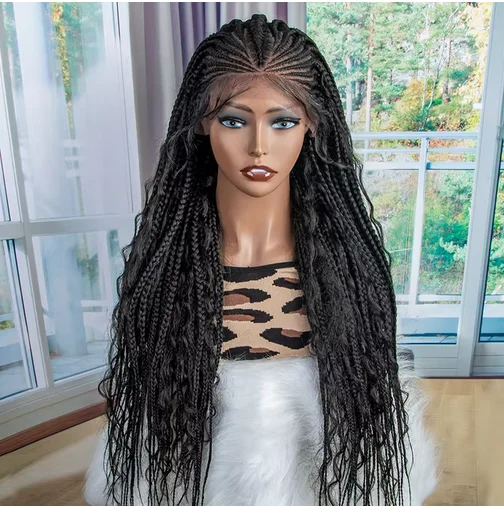 New Synthetic Lace Front Cornrow Long Wig 28 inches Box Braiding Wigs Frontal for Black Woman Long Curly Hair Braided Wigs