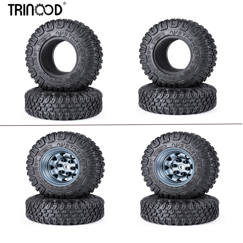 TRINOOD 4PCS 1.55 inch Rubber Tires Metal Wheel Rims For 1/18 RC Crawler Car Axial UTB18 Tread Pattern Beadlock Wheel Hub Parts