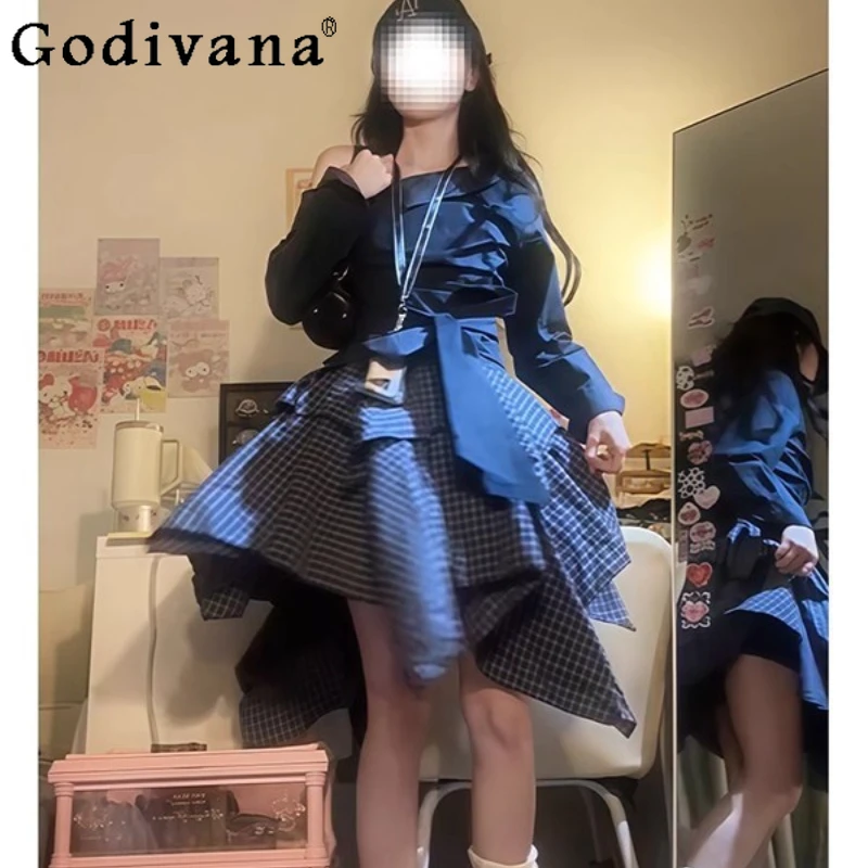 

College Style Art Student Outfit Girls Asymmetrical Shoulder Top Irregular Skirt Two Piece Set Women Autumn Japanese Skirt Suit