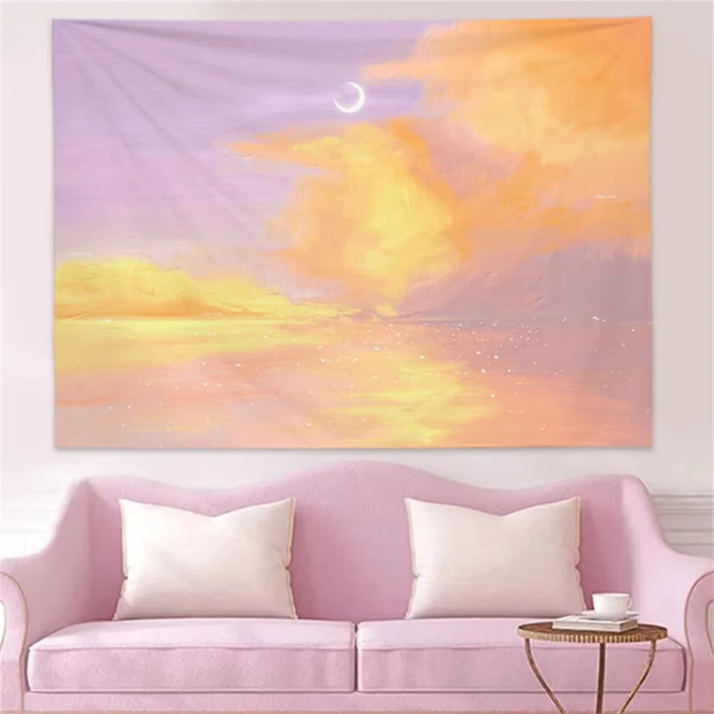 VIKAMA Farbverlauf Sonnenuntergang Wandteppich Lila-Orange Wolke Mond Fantasie Wohnzimmer Sofa Hintergrund Wand Raum Dekor