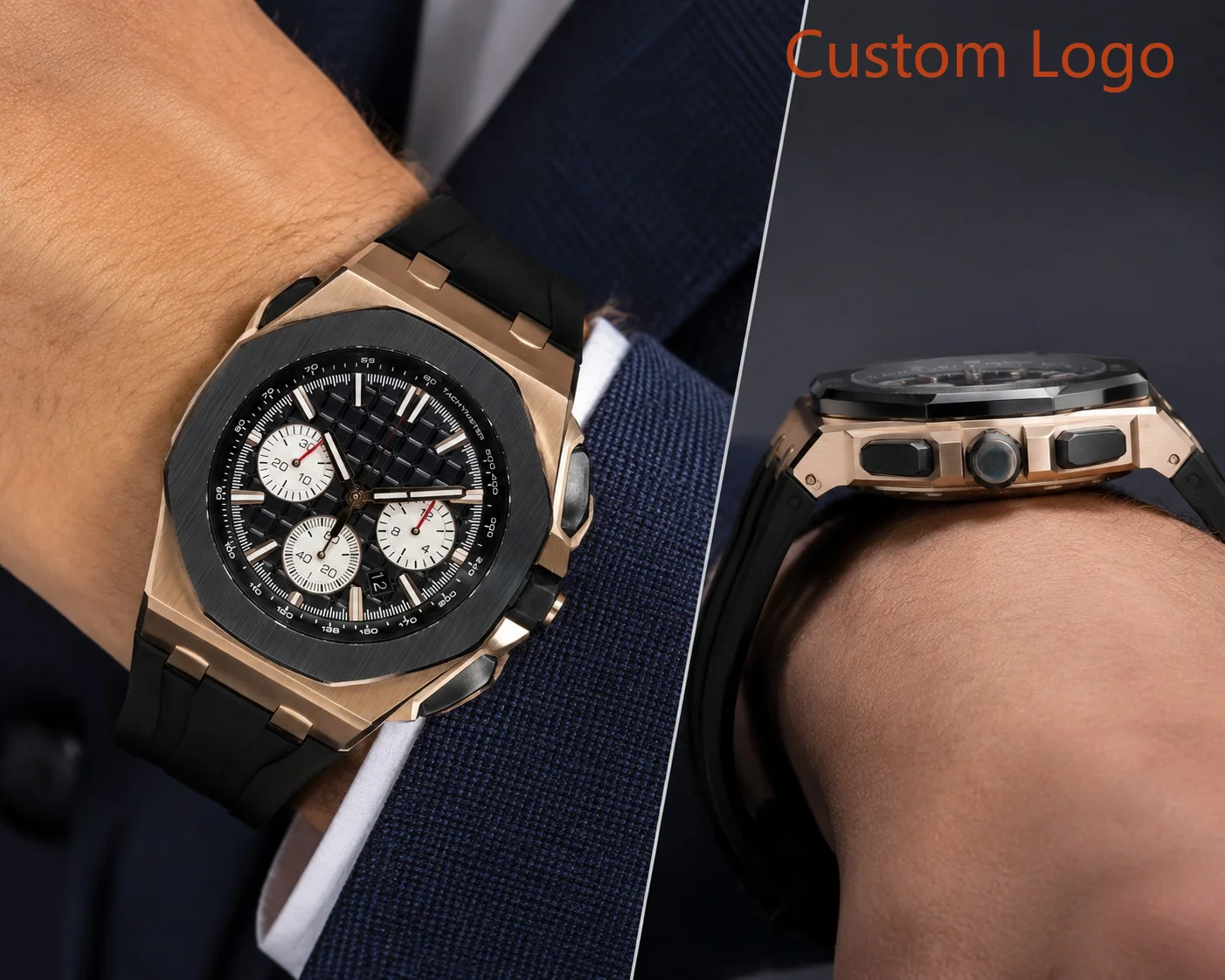 Montre chronographe octogonale pour homme 44 mm, lunette en céramique, bracelet en caoutchouc, bicolore or, étanche, sport, montres personnalisées pour homme