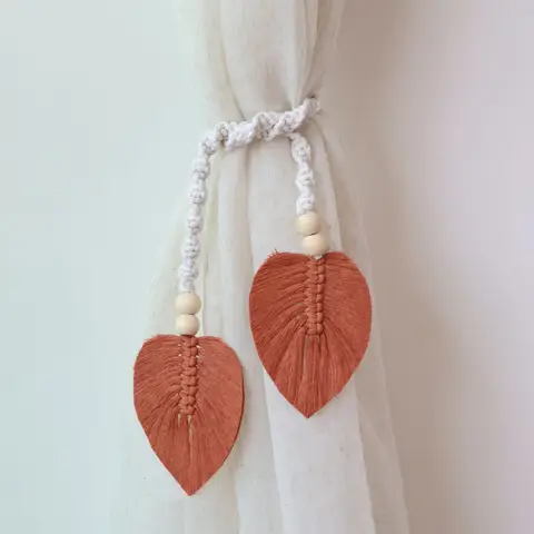 Boho 커튼 Tiebacks 나무 구슬과 Macrame 잎 커튼 Tiebacks, 홈 침실을위한 농가 스타일 커튼 홀드 백 로프