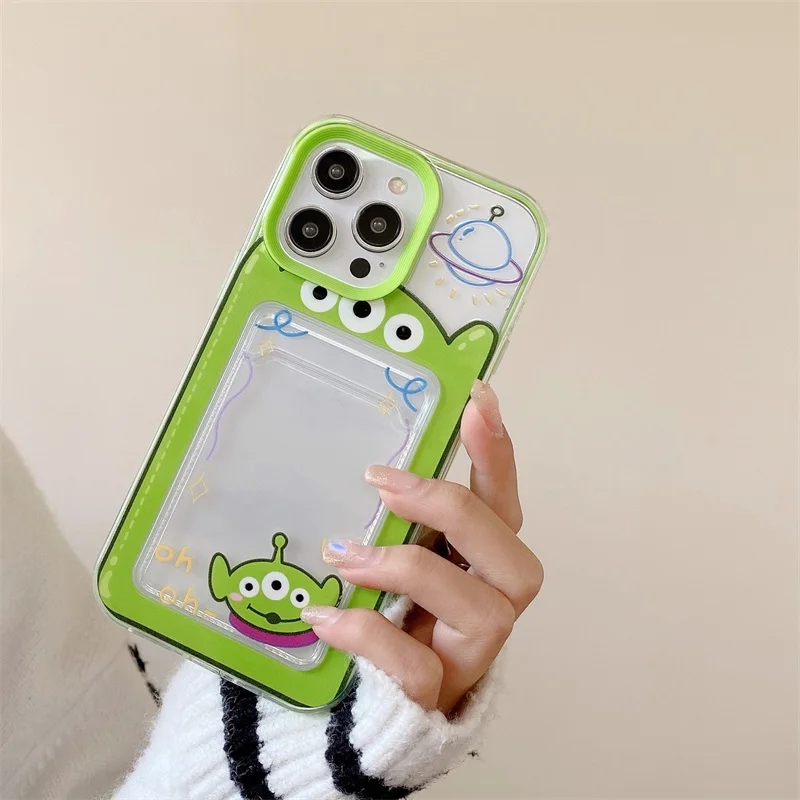 Cute Cartoon Disney Lotso Alien Card Holder Clear Phone Case For iPhone 15 14 13 12 11 Pro Max XS X 8 7 Plus Pocket Back Cover