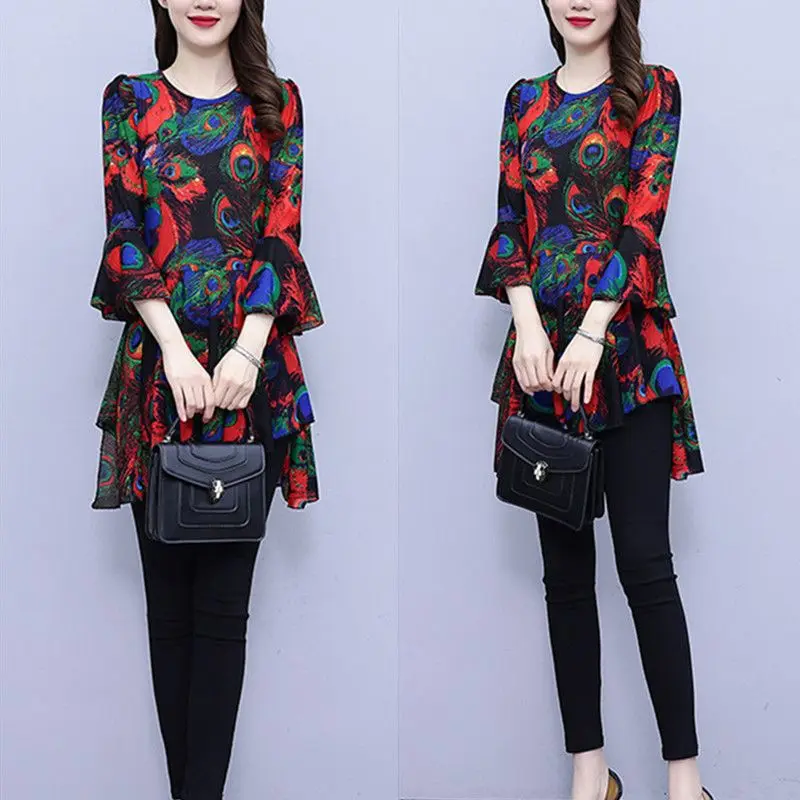 Spring Autumn New Women's Pullovers Printed Crew Neck Elegant Slim Versatile 3/4 Sleeve Commuter Asymmetrical Chiffon Tops