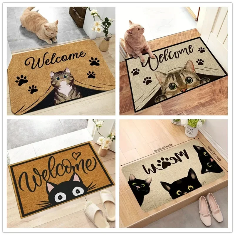 1Pc Cat & Letter Graphic Anti-slip Door Mat Non-slip Floor Rug Bath Mats Washable Carpet For Home Hallway Living Room Kitchen