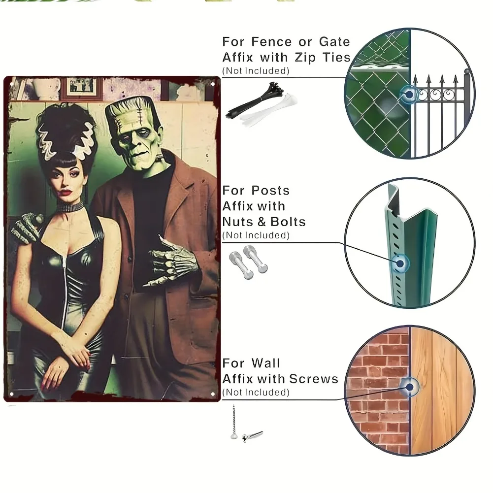 لافتة فنية جدارية معدنية عتيقة ثنائية الأبعاد، قطعة واحدة من Frankenstein - 20 × 30 سم / 8 × 12 بوصة ديكور رعب قوطي حديدي مع زوجين وحش كلاسيكيين #5