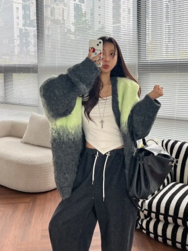 Chic Gradient Color Thickened Knitted Loose Sweater Cardigan Outerwear Dongda Gate Style for Young Women Spring Autumn Winter