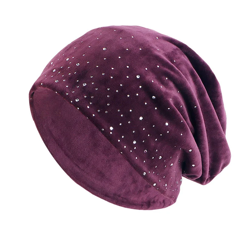 Autumn Winter Velvet Muslim Turban Beanie Hat For Women Female Diamond Skullies Beanies Soft Warm Headscarf Caps Headwrap