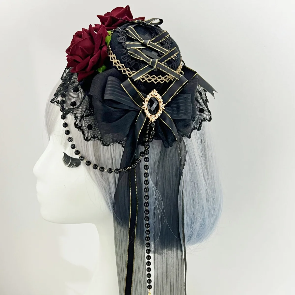 Lolita copricapo fiori fiocco decorazione gotico scuro selvaggio elegante cappello a cilindro accessori per capelli forcina di cristallo per ragazze donne