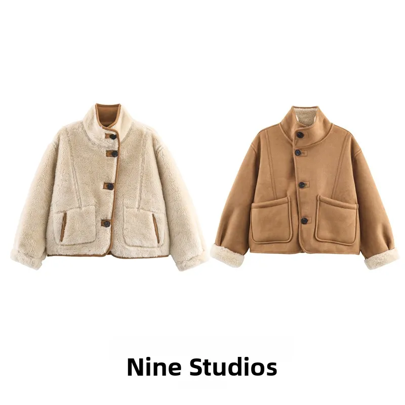 

Double-Sided Wear Fce Lined Thiened ket Decor Loose Jaet High Collar Warm Women's Faion Outerwear Winter Coat