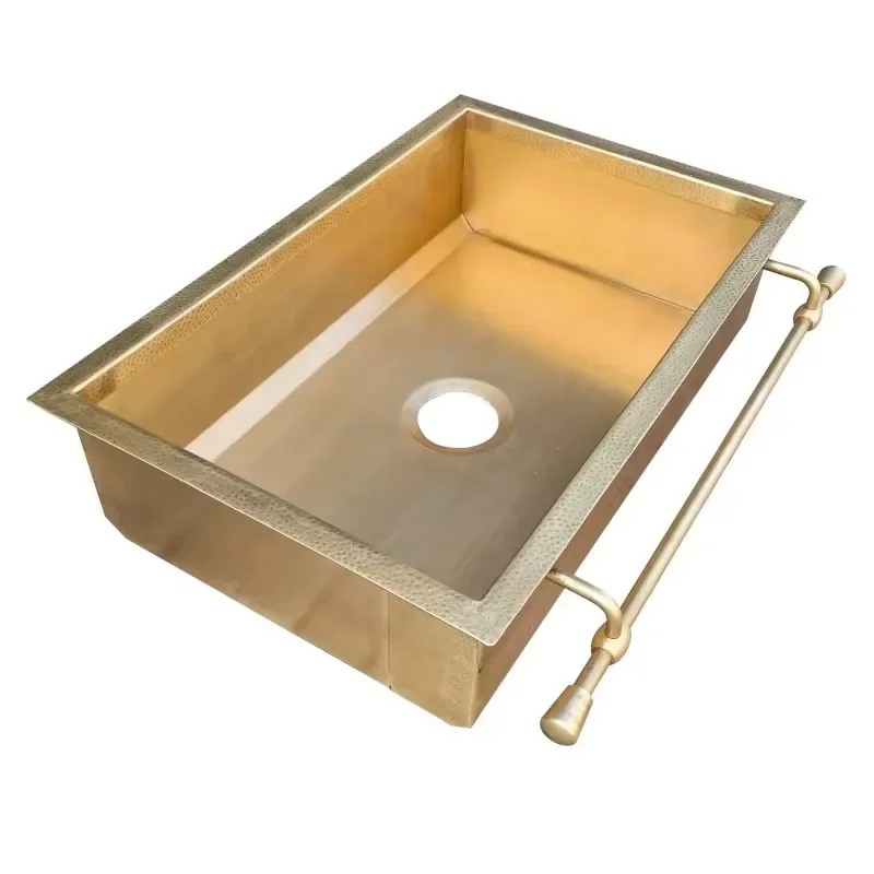 Luxury Custom Italian Design Brass Kitchen Sink with Integrated Towel Rack Hammer Edge Front Cover Panel Island Sink Suitable