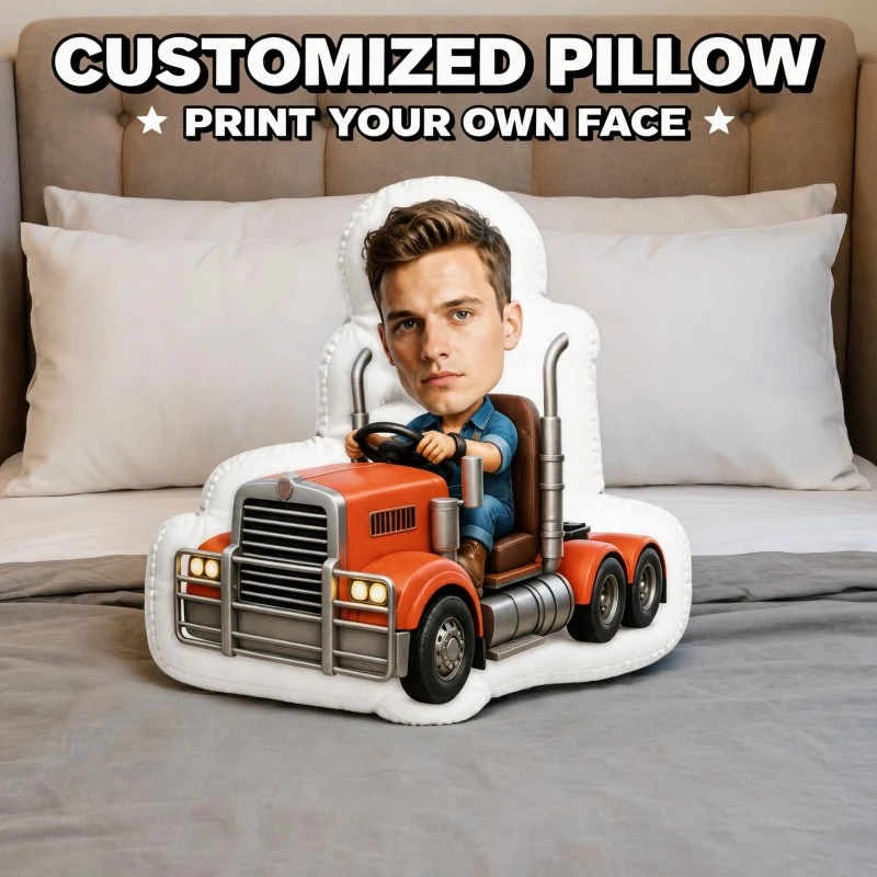 Custom Personalized Photo Truck Driver Shaped Pillow, Orange Semi-Truck Custom Face Decorative Cushion, Unique Home Decor Accent