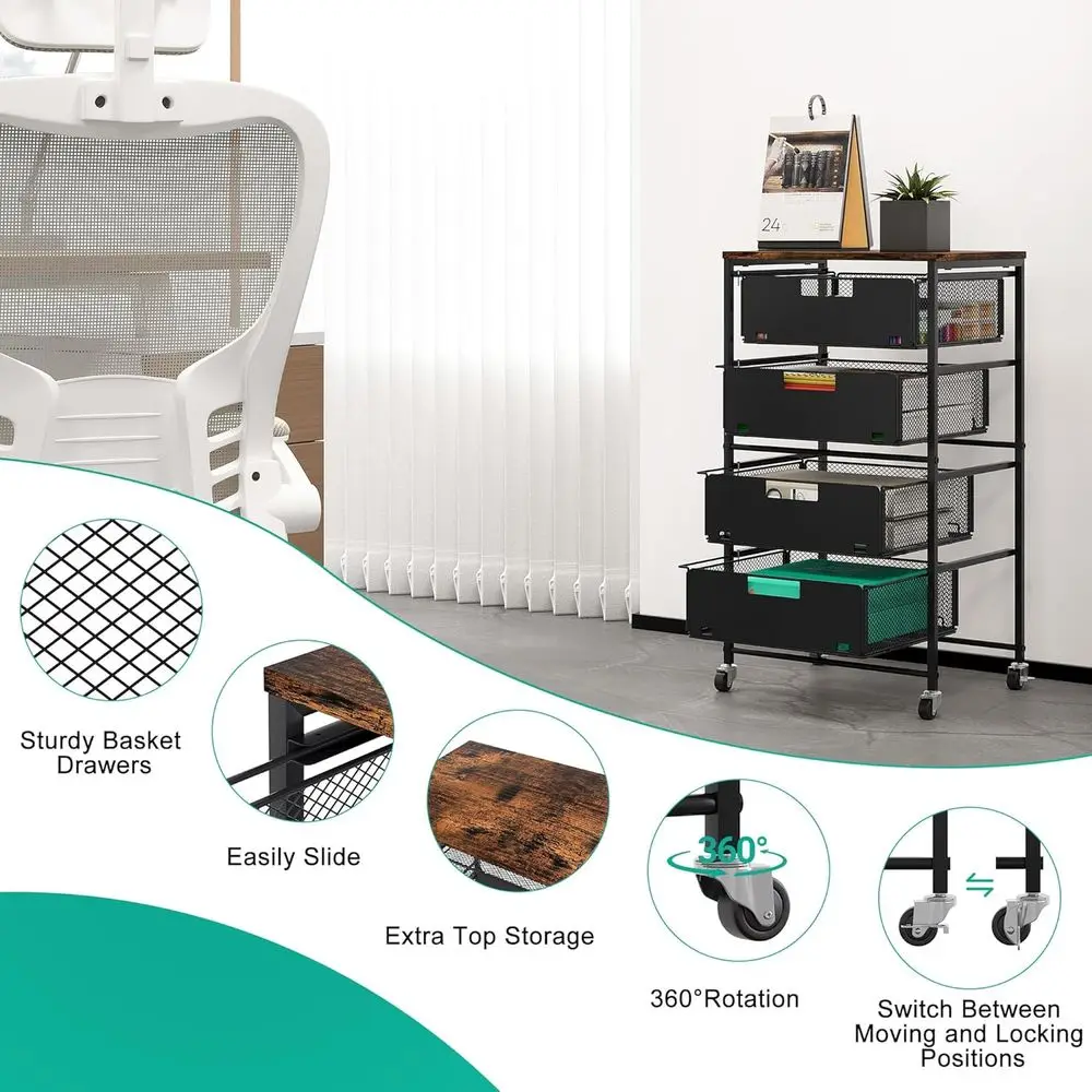 4-Tier Rolling Storage Cart with Lockable Wheels, Under-Desk File Organizer, Multi-Function Office Utility Cabinet, Black