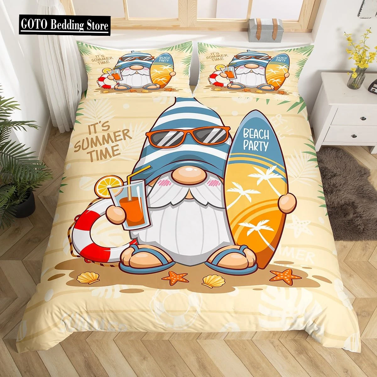 

Kid Summer Gnome Duvet Cover Double King Surfboard Lifebuoy Comforter Cover Tropical Palm Leaves Bedding Set Cartoon Quilt Cover