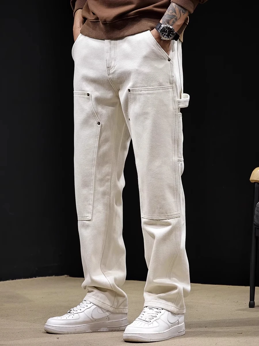 

Повседневные мужские джинсы прямого кроя, рабочая одежда, свободный крой, американские белые удобные дышащие летние брюки из полиэфирного волокна