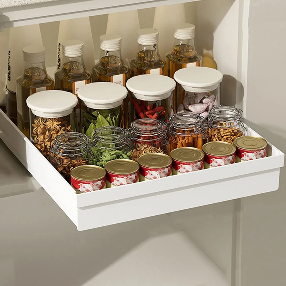 

Pull-out Kitchen Storage Rack Anti-slip Plastic Drawer Type Storage Tray with Slide Rails Large Capacity Spice Box Storage Rack