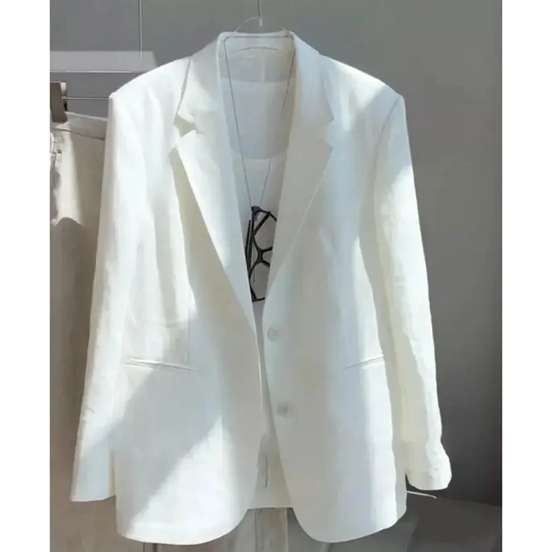 2026 White Flax  Blazer Jacket Women's New Spring Autumn Single-breasted Long Sleeve Jackets Female Casual Outerwear  KX111