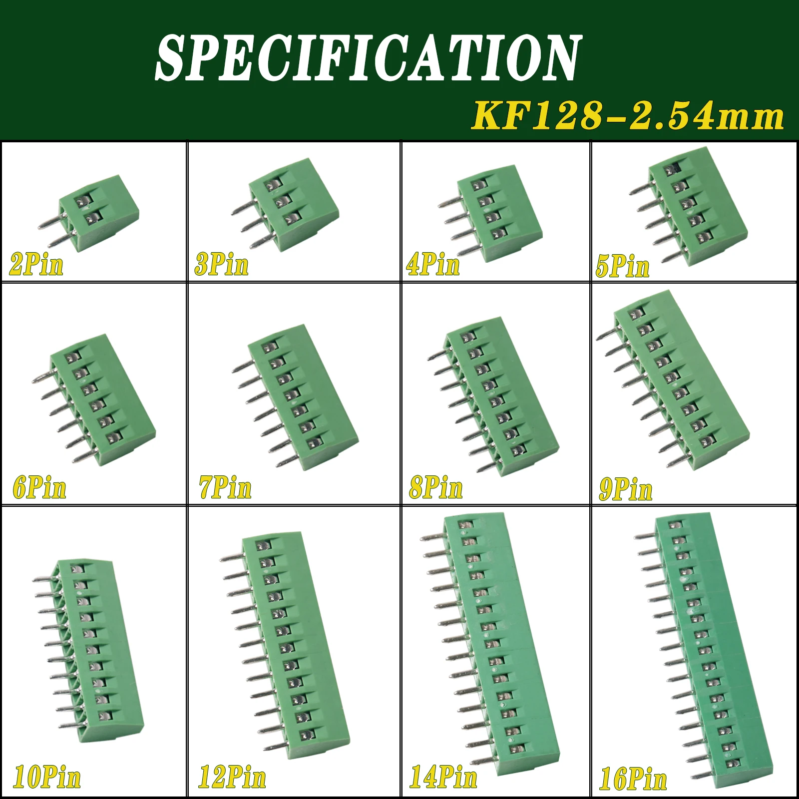 KF128 2.54mm PCB Screw Terminal Block Connector For Wires 2P 3P 4P 5P 6P 7P 8P 9P 10P 12P 14P 16P