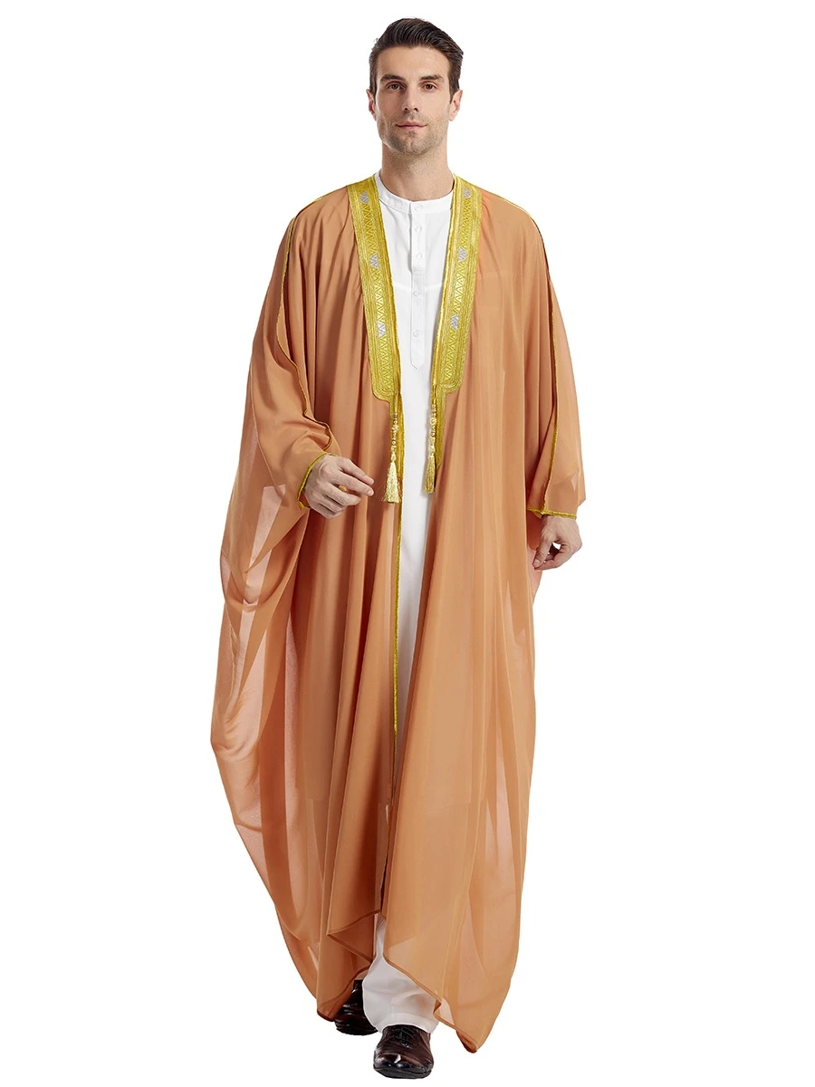 Summer Men\'s Long Sleeve Loose Large Size Golden Outerwear Gown Thin Dubai Robe Middle East Clothing