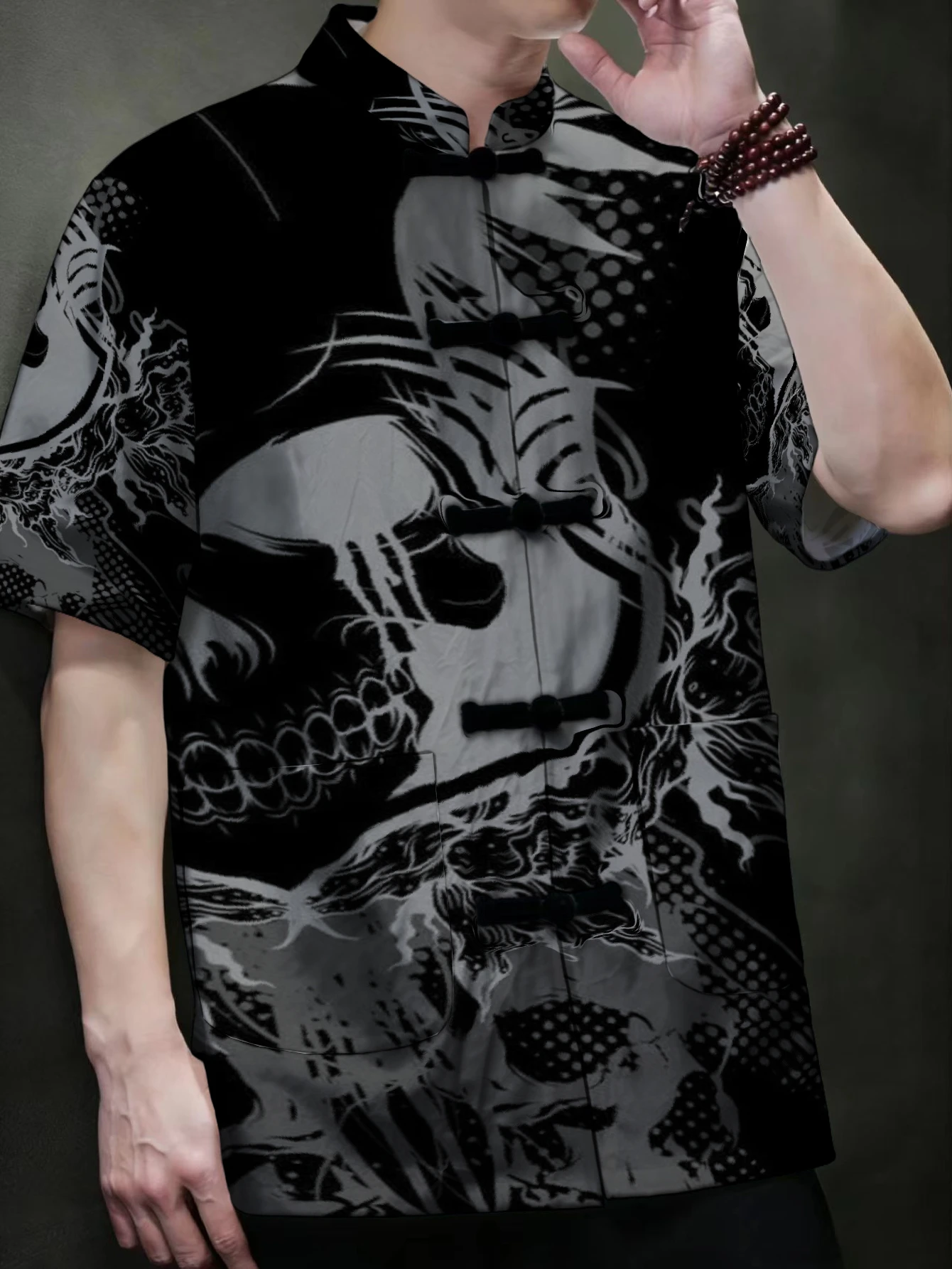 Men Traditional Chinese Tang Suit Short Sleeve Shirt Frog Button Stand Collar Skull Dragon Print Loose Casual
