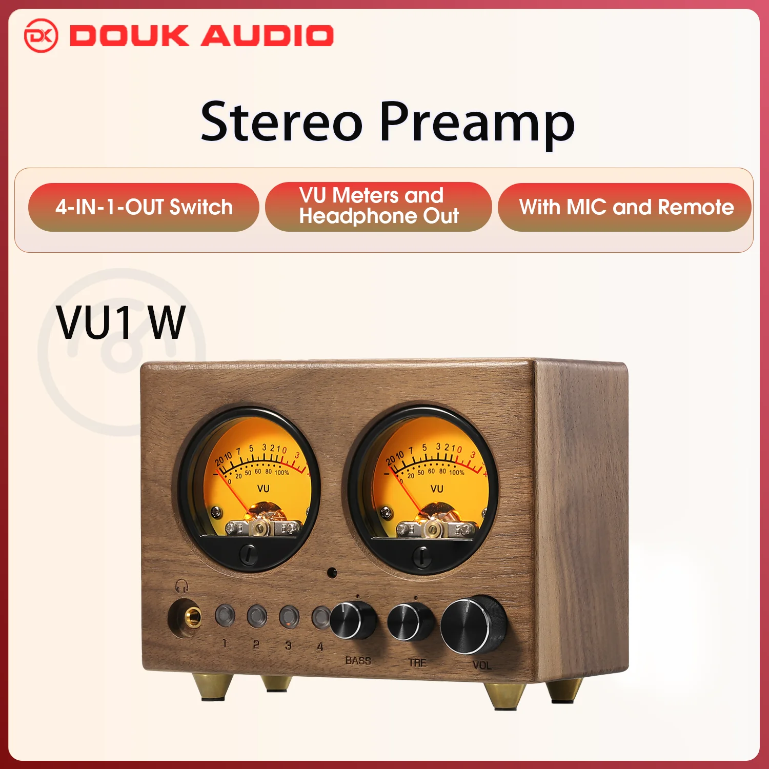Douk Audio VU1-W 4-way Audio Switcher 4-IN-1-OUT Stereo Preamp Home Selector VU Meter with Remote Control