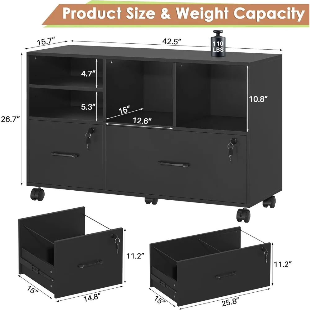 Wood Lateral File Cabinet with Lock,Lockable Rolling Filing Cabinet with Adjustable Storage Shelves,Printer Stand Office Storage