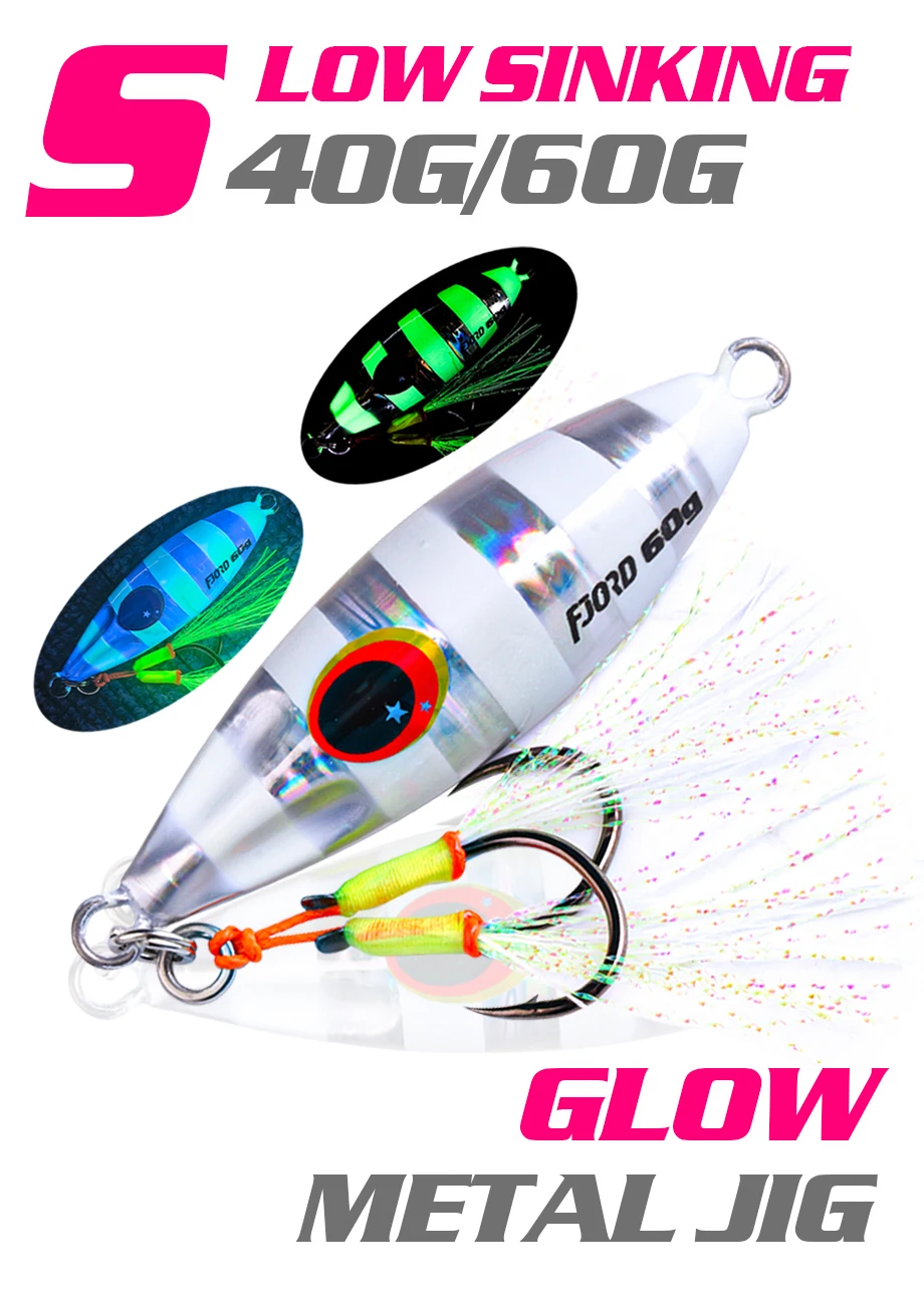 FJORD 40g 60g Metall Jig Meer Angeln Lockt Gefälschte Harte Köder Glow Dark Mit Assistent Haken Angeln Zubehör Ausrüstung angelgerät – Detail 1